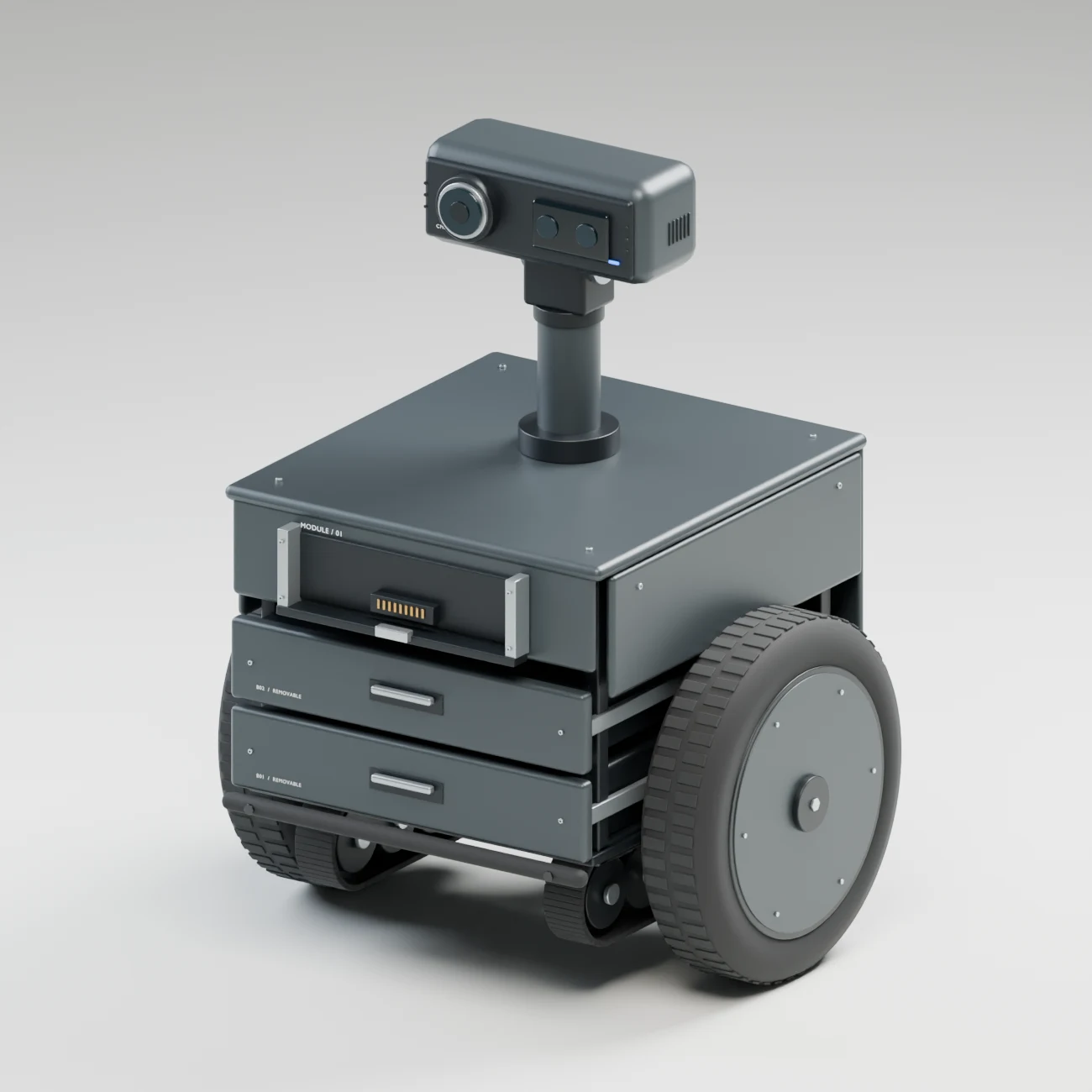 Companion Robot Blender model with a graphite chassis, two treaded wheels with solid hubs, front battery drawers and a camera head